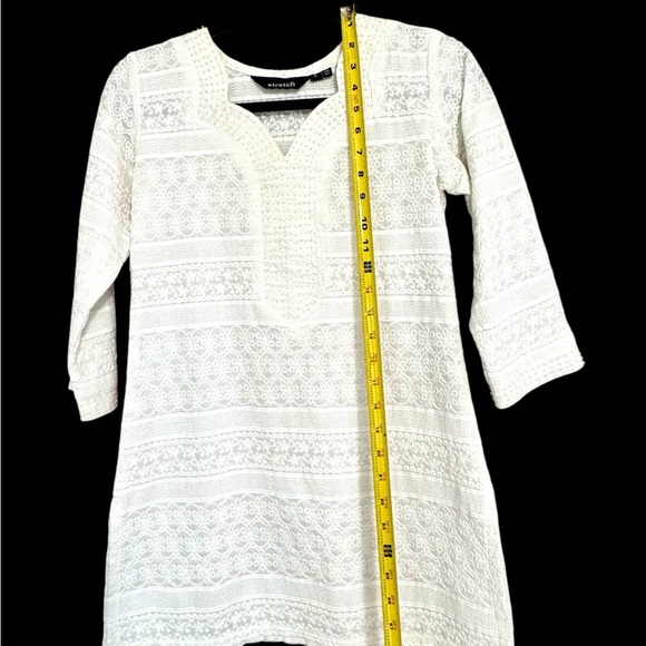 Stretch White Cream Lace and Beaded Long Sleeve Dress - Picture 6 of 7